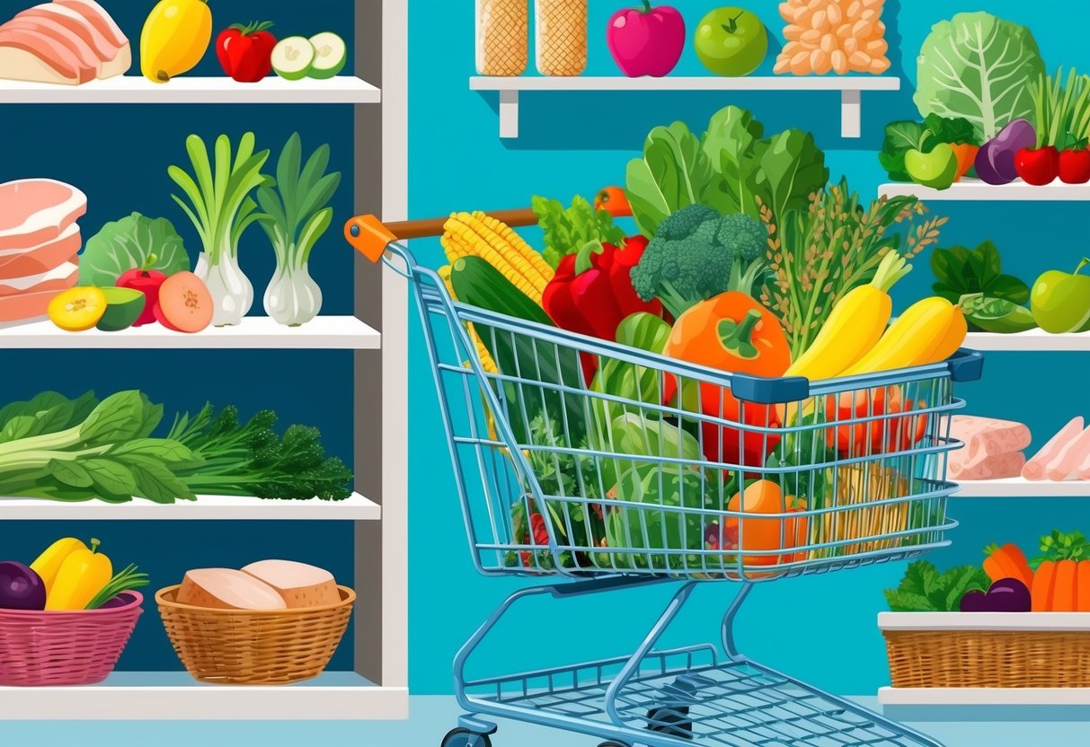 A grocery cart filled with colorful fruits, vegetables, lean proteins, and whole grains. A variety of healthy food items displayed on shelves and in baskets