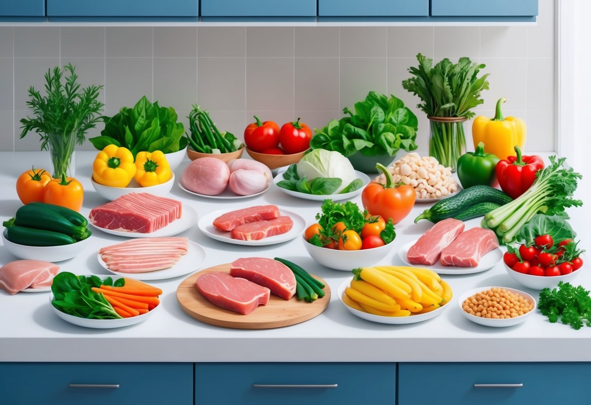 A colorful array of fresh vegetables, lean meats, and plant-based proteins arranged neatly on a clean, organized kitchen counter