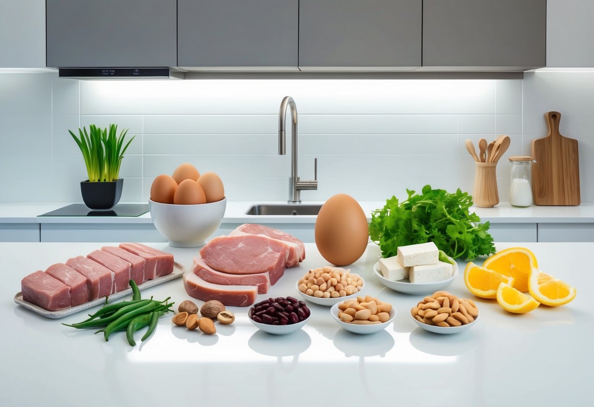 A variety of high-protein ingredients arranged on a clean, modern kitchen counter, including lean meats, eggs, beans, nuts, and tofu