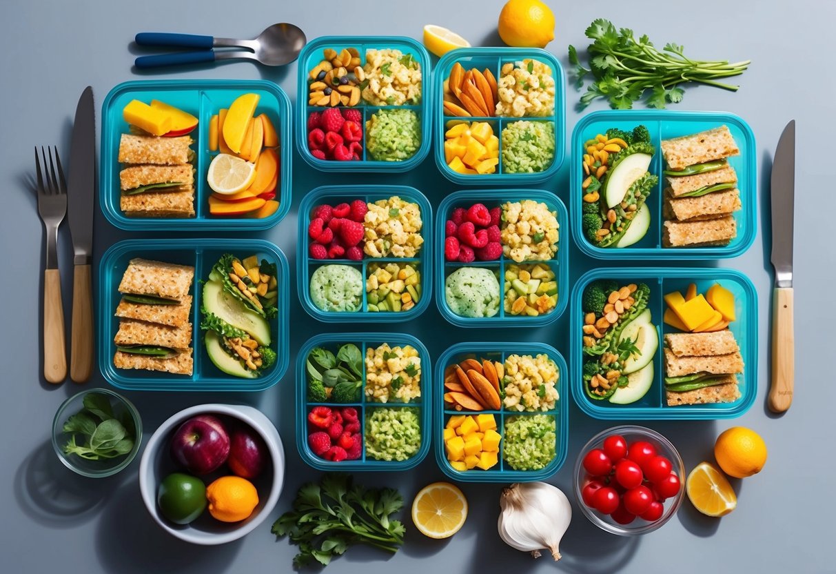 A colorful array of high-protein snacks and meals arranged neatly in meal prep containers, surrounded by fresh ingredients and kitchen utensils