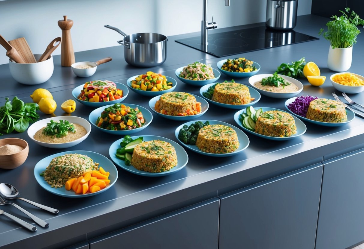 A colorful array of high-protein, gluten-free meals arranged on a sleek, modern kitchen counter, surrounded by fresh ingredients and cooking utensils