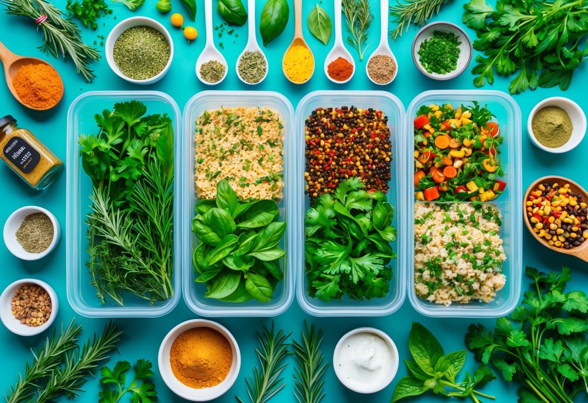 A colorful array of fresh herbs, spices, and condiments arranged around a variety of high-protein meal prep containers, ready to add flavor and excitement to each dish