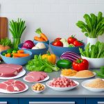 A well-organized kitchen counter with a variety of fresh vegetables, lean meats, and whole grains neatly arranged for meal prep
