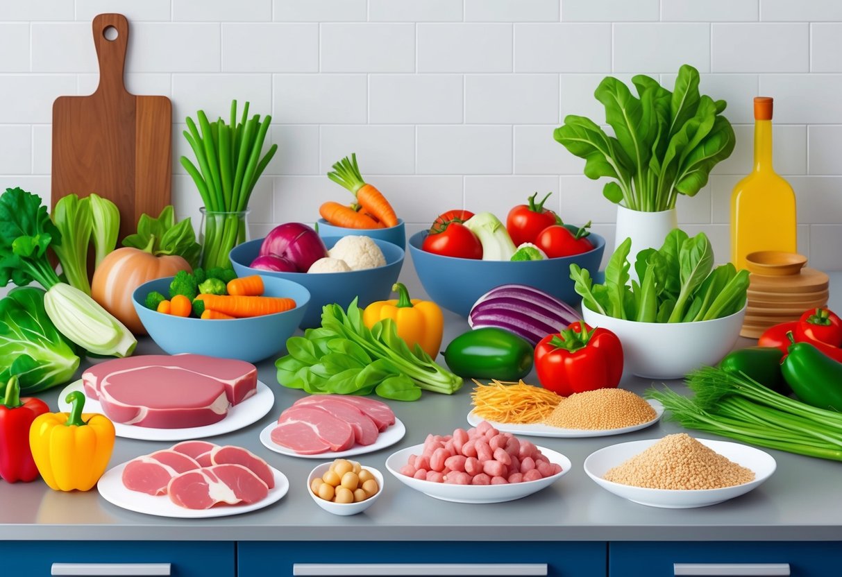 Feature image A well-organized kitchen counter with a variety of fresh vegetables, lean meats, and whole grains neatly arranged for meal prep