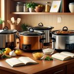 A cozy kitchen counter with a variety of slow cookers, surrounded by fresh ingredients and recipe books. The warm glow of the slow cookers creates a welcoming atmosphere