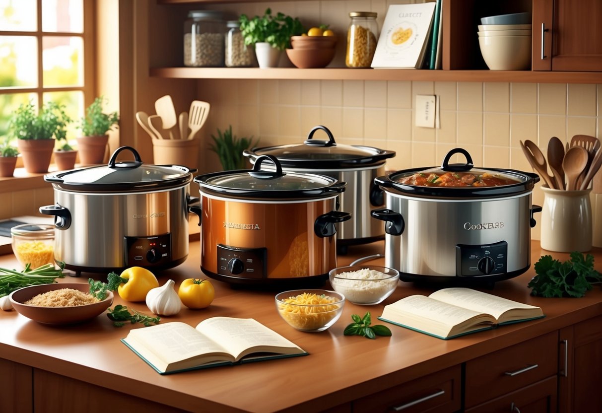Feature image A cozy kitchen counter with a variety of slow cookers, surrounded by fresh ingredients and recipe books. The warm glow of the slow cookers creates a welcoming atmosphere
