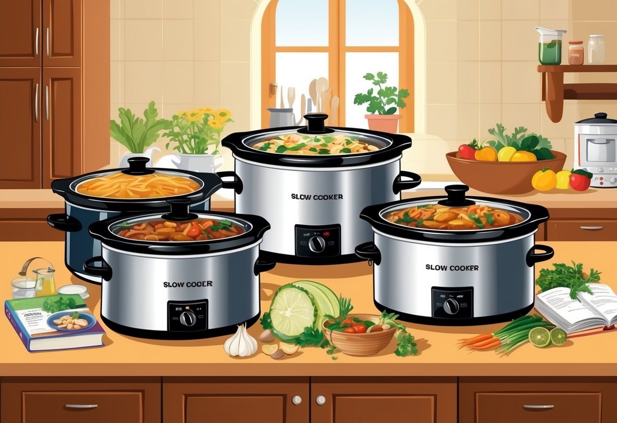 A kitchen counter with a variety of slow cookers, surrounded by fresh ingredients and recipe books. A warm, inviting atmosphere with the promise of delicious, easy meals