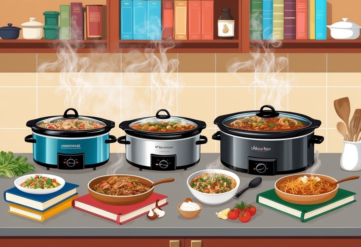 A kitchen counter with a variety of slow cookers, steaming with delicious meals, surrounded by cookbooks and ingredients