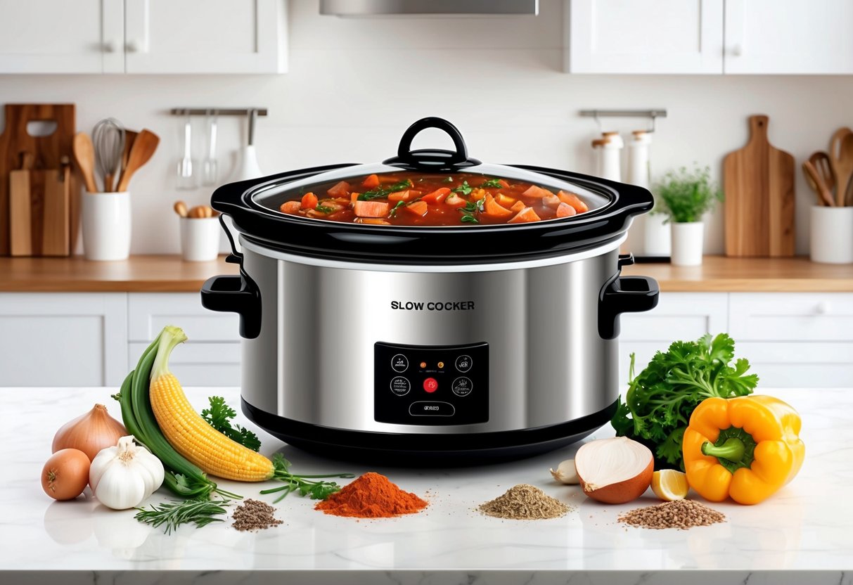 A slow cooker surrounded by various ingredients and utensils, with a clean and organized kitchen in the background