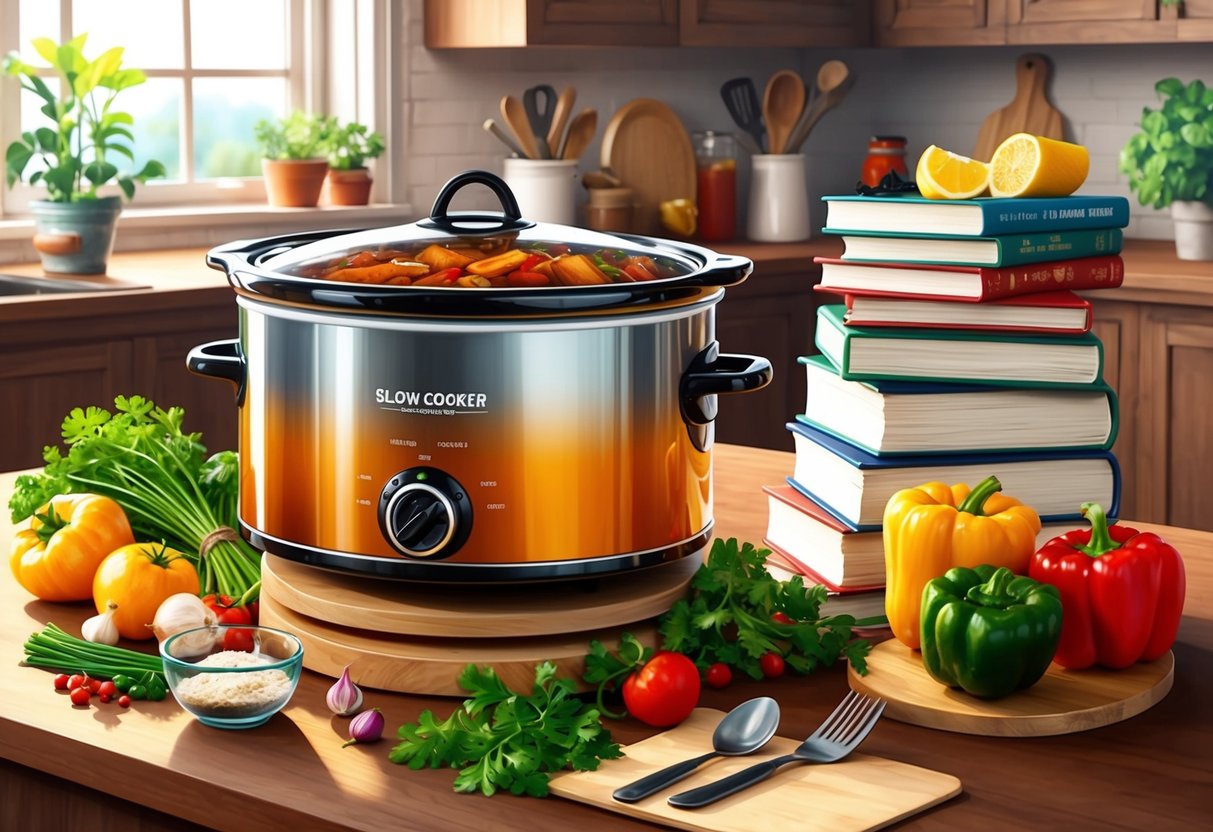 A cozy kitchen with a bubbling slow cooker surrounded by fresh ingredients and a stack of recipe books
