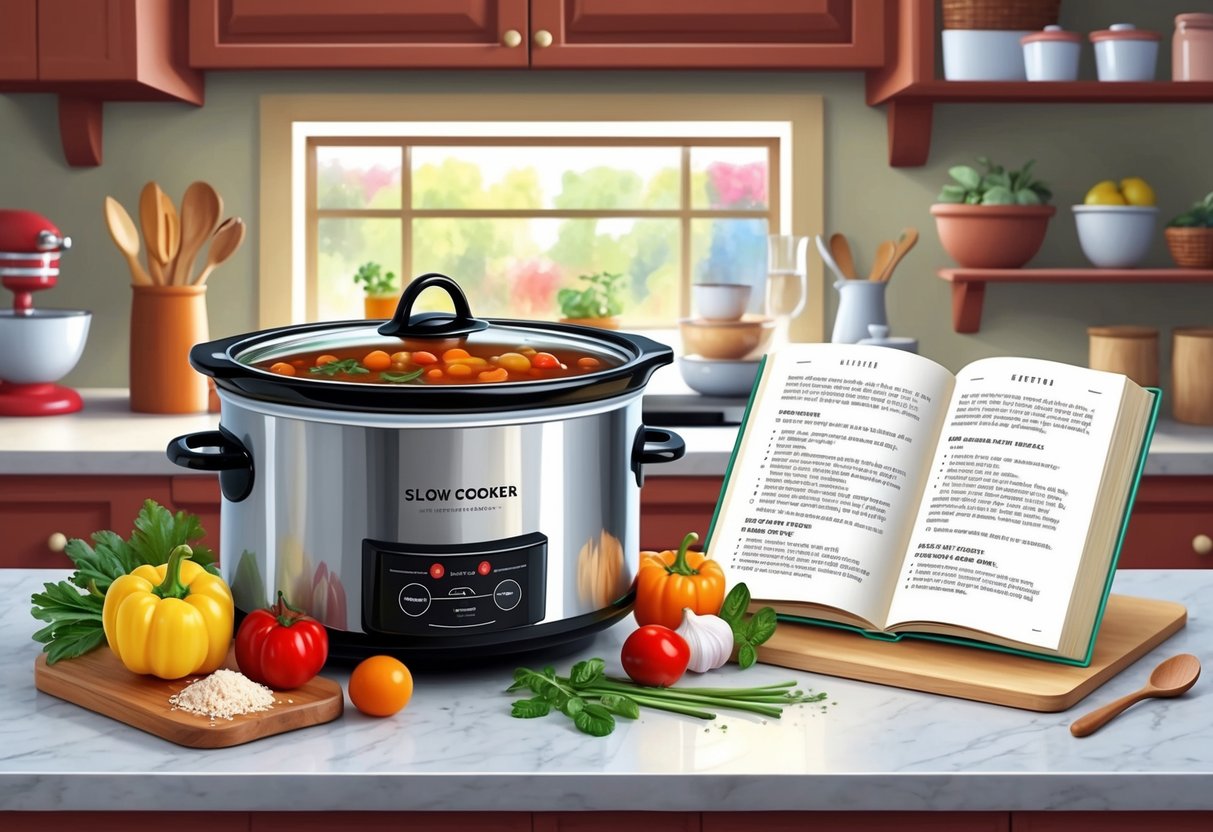 A cozy kitchen with a slow cooker simmering on the counter, surrounded by fresh ingredients and a cookbook open to a recipe page