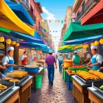 A bustling street market with colorful food stalls, sizzling grills, and vendors serving up traditional Mexican dishes like tacos, tamales, and elotes