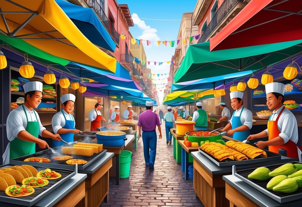 Feature image A bustling street market with colorful food stalls, sizzling grills, and vendors serving up traditional Mexican dishes like tacos, tamales, and elotes