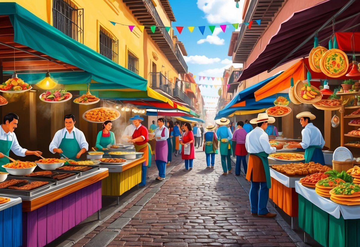A bustling street market with colorful food stalls selling traditional Mexican dishes from Oaxaca, Puebla, Yucatán, and Veracruz. The air is filled with the aroma of sizzling meats, spicy salsas, and freshly baked tortillas