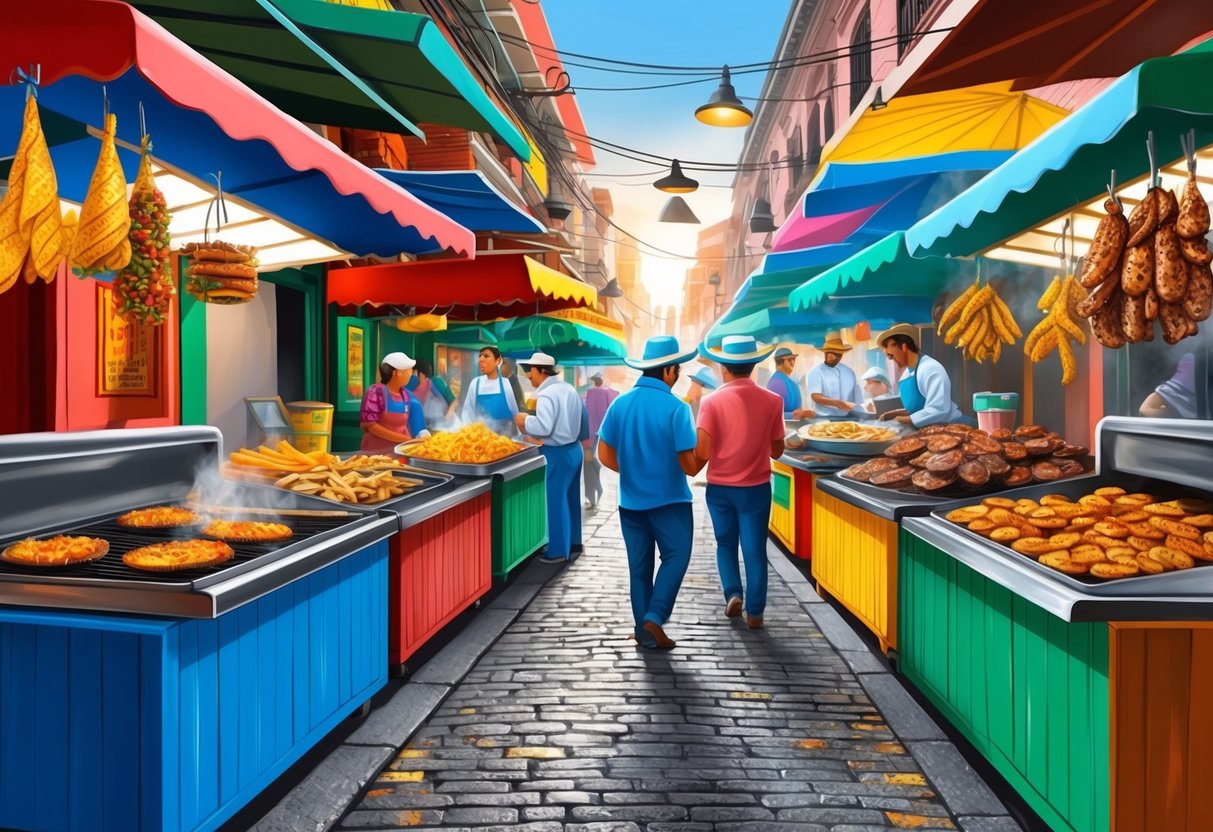 Vibrant street food market with colorful stalls selling traditional Mexican snacks and small bites. Aromas of sizzling meat and spices fill the air