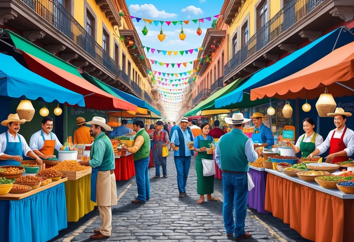 A bustling street market with colorful food stalls and vendors selling traditional Mexican drinks like horchata and agua fresca