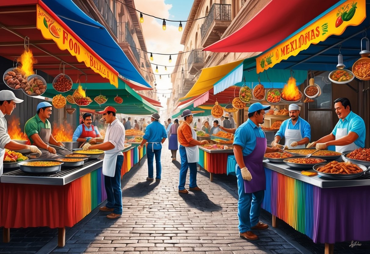 A bustling Mexican street market with colorful food stalls and vendors selling traditional dishes. Aromas of sizzling meats and spices fill the air