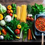 A colorful array of fresh vegetables, herbs, and pasta arranged on a rustic wooden table, with a steaming pot of marinara sauce bubbling on the stove