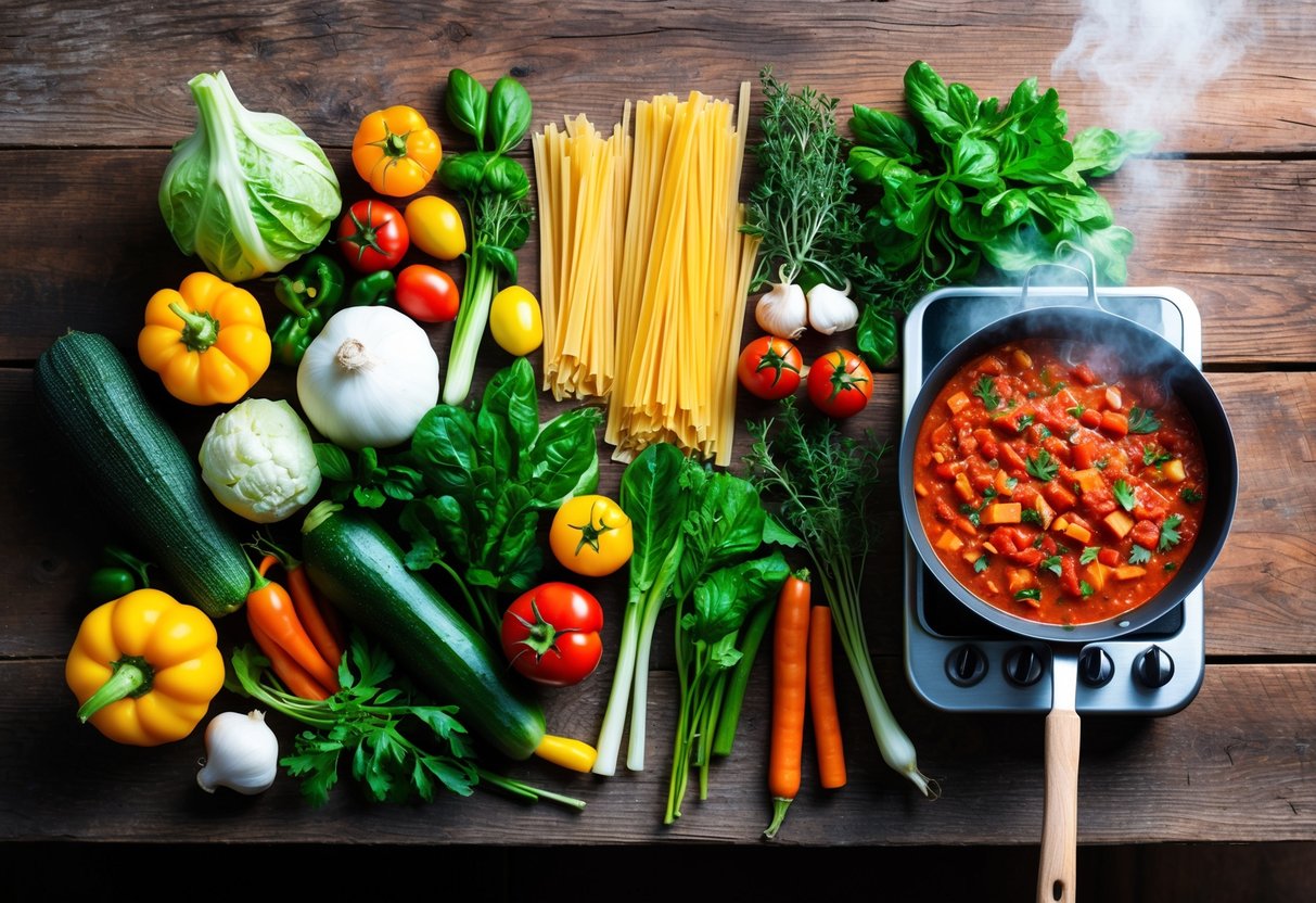 Feature image A colorful array of fresh vegetables, herbs, and pasta arranged on a rustic wooden table, with a steaming pot of marinara sauce bubbling on the stove