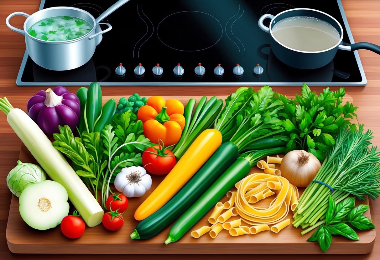 A colorful array of fresh vegetables, pasta, and herbs arranged on a wooden cutting board, with a pot of boiling water on the stove