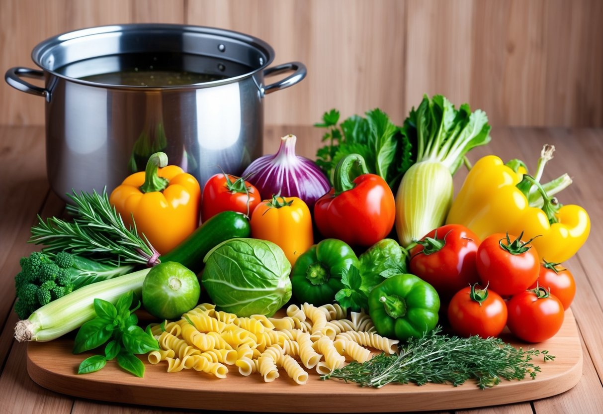 A colorful array of fresh vegetables, pasta, and herbs arranged on a wooden cutting board, with a pot of boiling water in the background