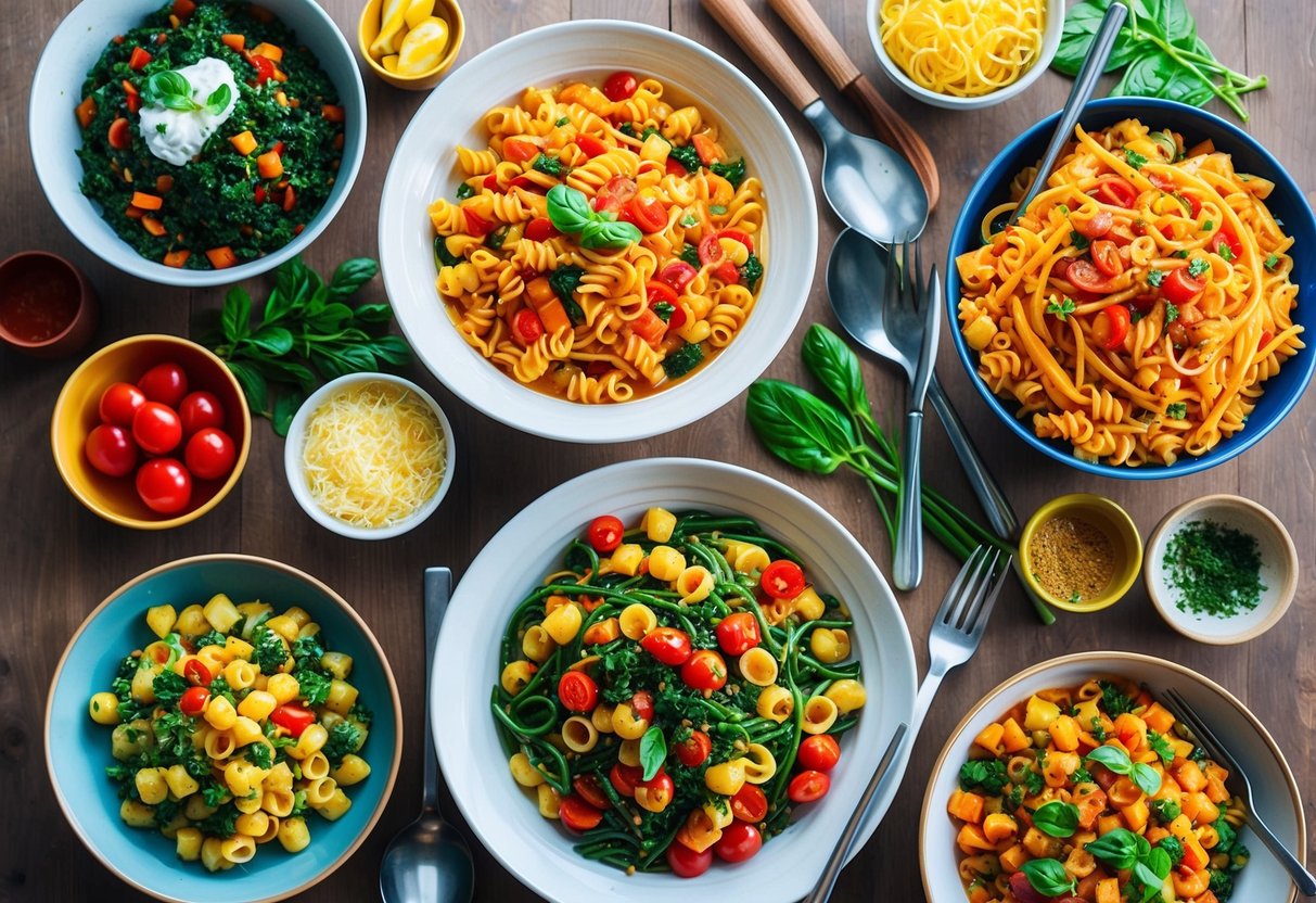 A table set with various bowls of colorful vegetarian pasta dishes, surrounded by fresh ingredients and cooking utensils