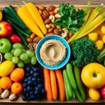 A colorful array of fresh fruits, nuts, and vegetables arranged on a wooden cutting board, with a small dish of hummus in the center
