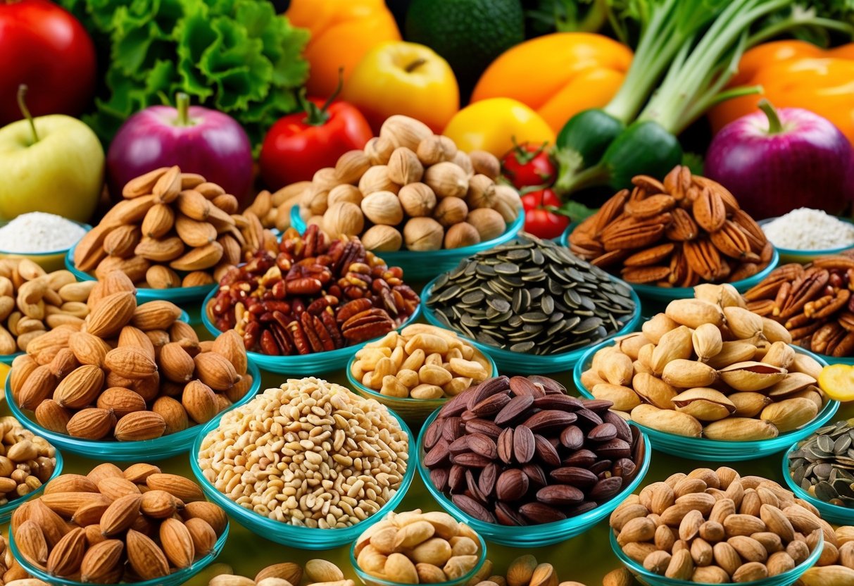 A variety of nuts and seeds arranged in a colorful and appetizing display, with vibrant fruits and vegetables in the background