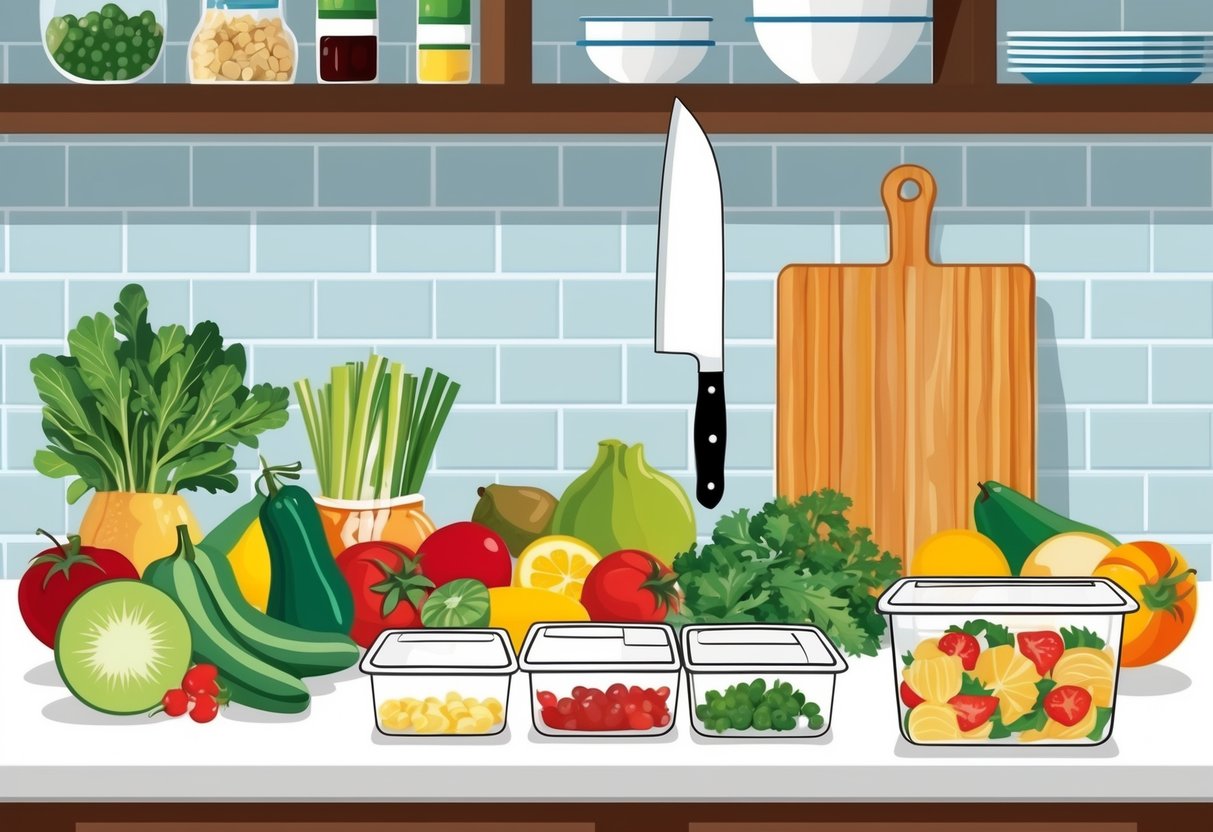 A kitchen counter with various fresh ingredients, cutting board, knife, and containers for portioning out prepared meals