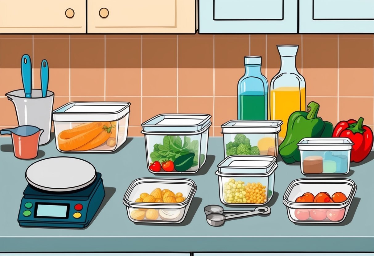A kitchen counter with meal prep equipment, containers, and fresh ingredients. A scale and measuring cups sit nearby