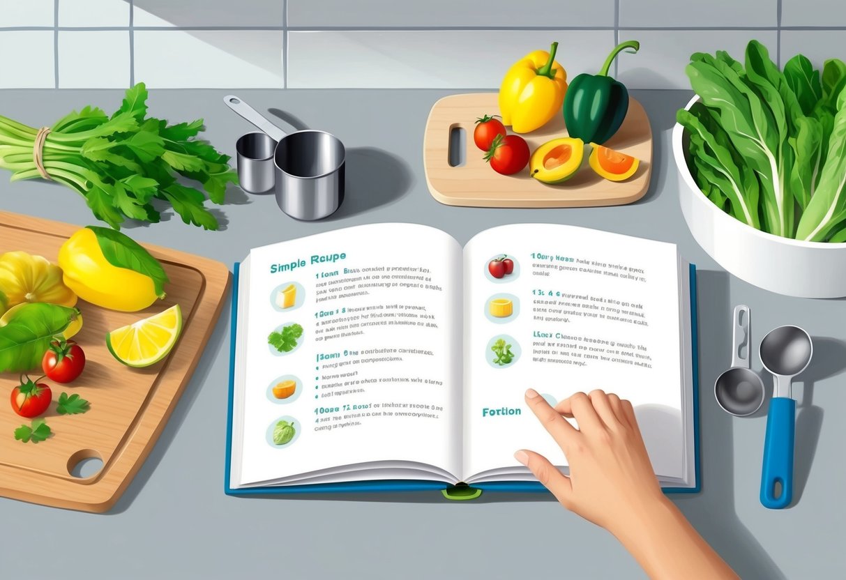 A kitchen counter with fresh produce, a cutting board, and measuring cups. A cookbook open to a page with simple recipes and portion tips