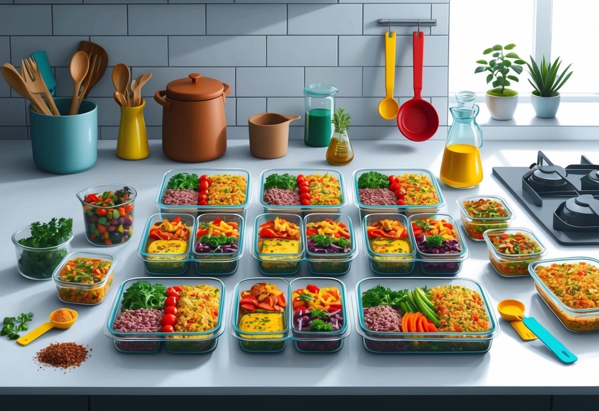 A kitchen counter with neatly organized meal prep containers filled with colorful, portion-controlled dinners. Ingredients and measuring tools are scattered around