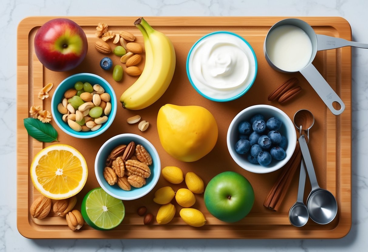 A variety of fresh fruits, nuts, and yogurt arranged neatly on a wooden cutting board with measuring cups and spoons nearby