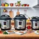 A kitchen counter with various Instant Pot models, surrounded by fresh ingredients and recipe books