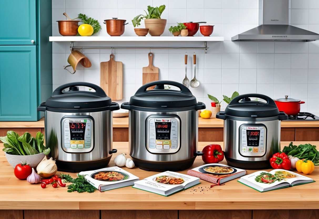 A kitchen counter with various Instant Pot models, surrounded by fresh ingredients and recipe books