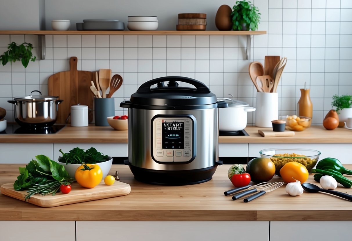 A modern kitchen with a sleek Instant Pot on the countertop, surrounded by fresh ingredients and a variety of cooking utensils