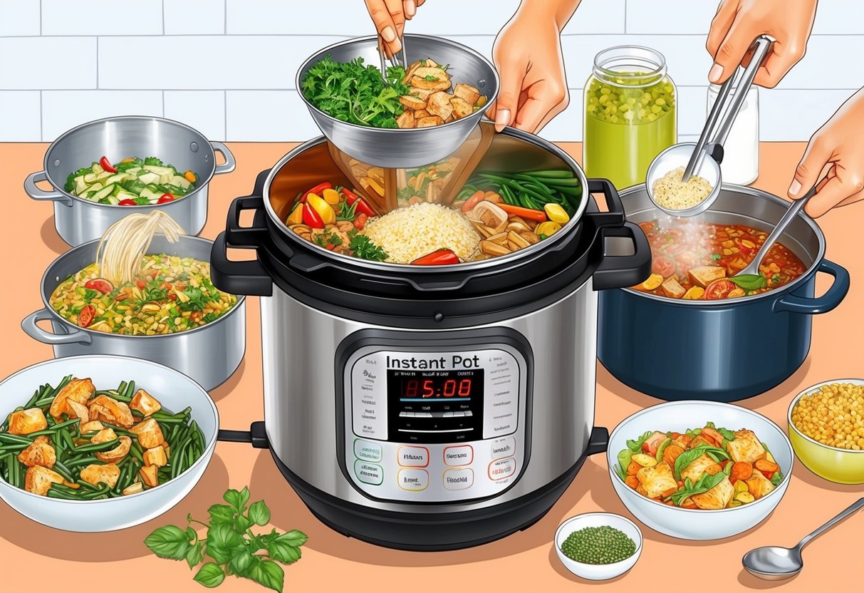 A variety of ingredients being quickly prepared and cooked in different compartments of the Instant Pot, showcasing its versatility and efficiency for healthy recipes