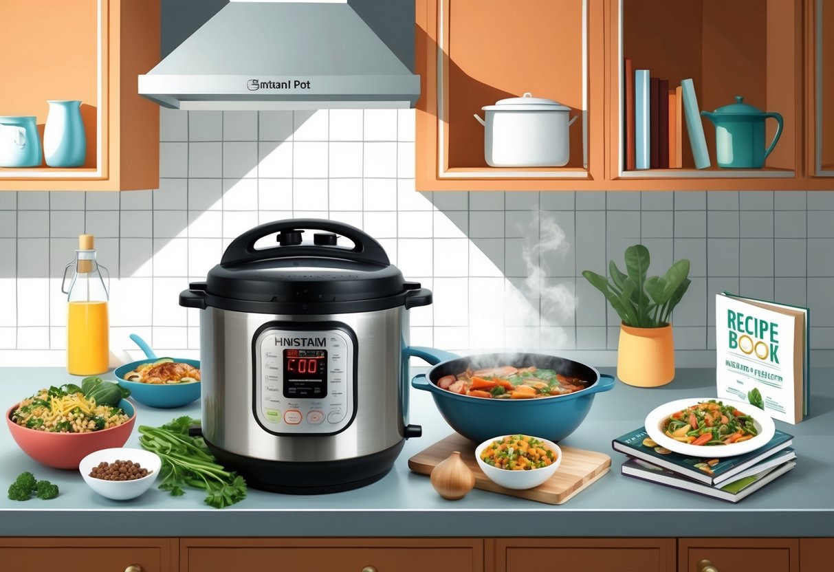 A kitchen counter with an Instant Pot cooking various healthy meals, surrounded by ingredients and recipe books