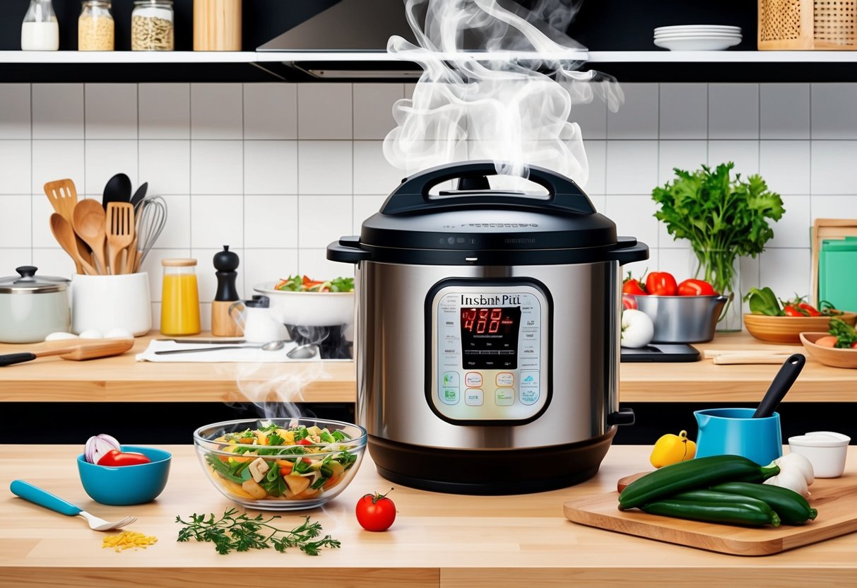 A busy kitchen counter with various accessories and ingredients surrounding a sleek Instant Pot. Steam rises from the pot as a healthy meal is being prepared