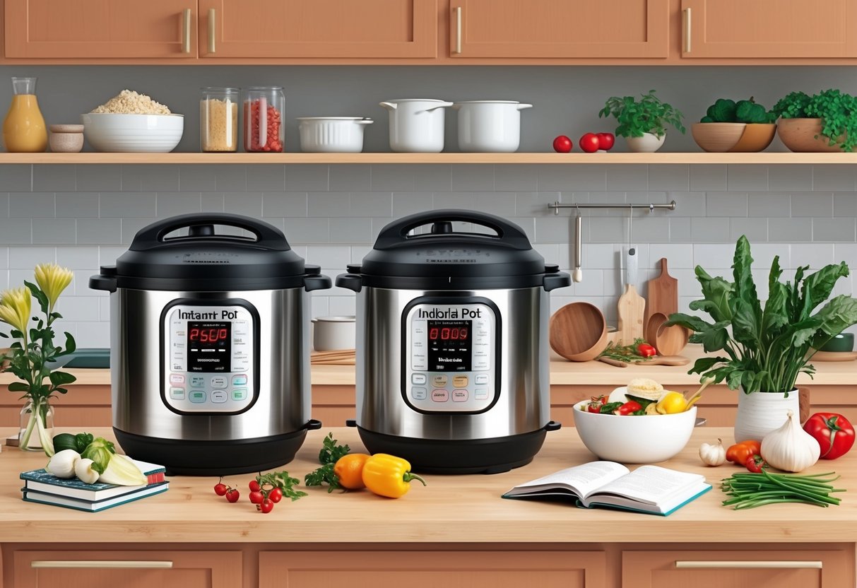 A kitchen counter with various Instant Pot models, surrounded by fresh ingredients and recipe books