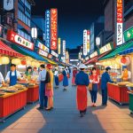 A bustling Japanese street food market with colorful food stalls and vendors serving up a variety of signature dishes and flavors