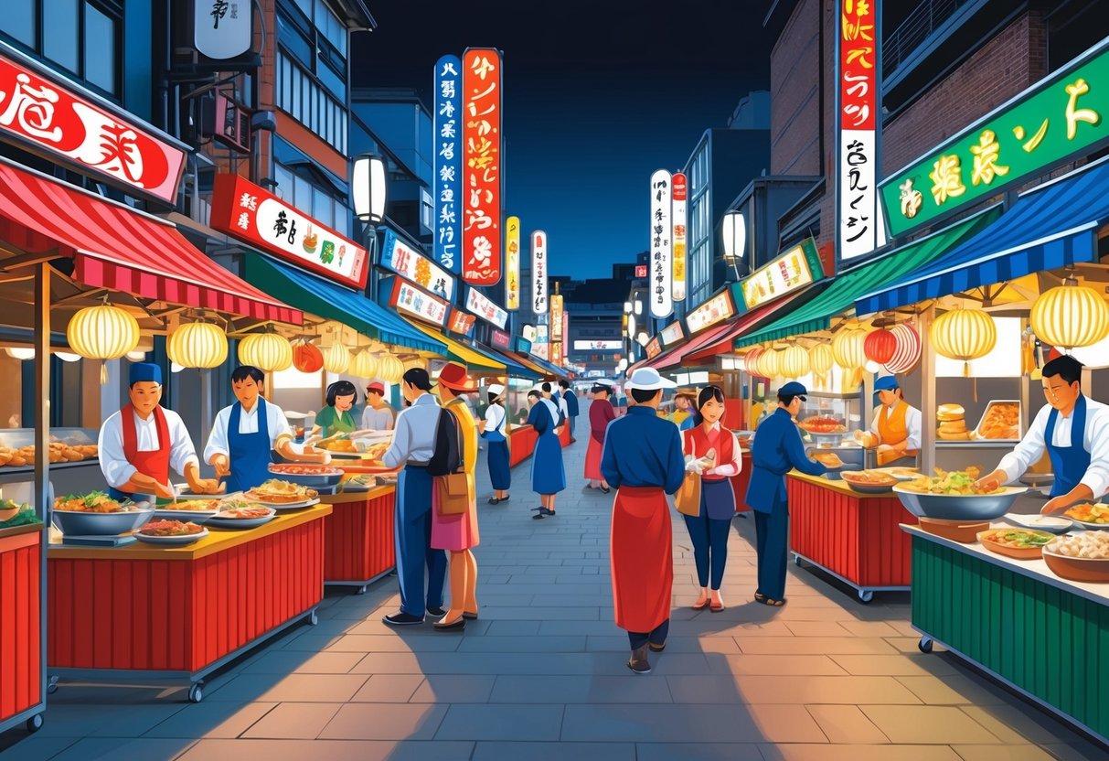 Feature image A bustling Japanese street food market with colorful food stalls and vendors serving up a variety of signature dishes and flavors