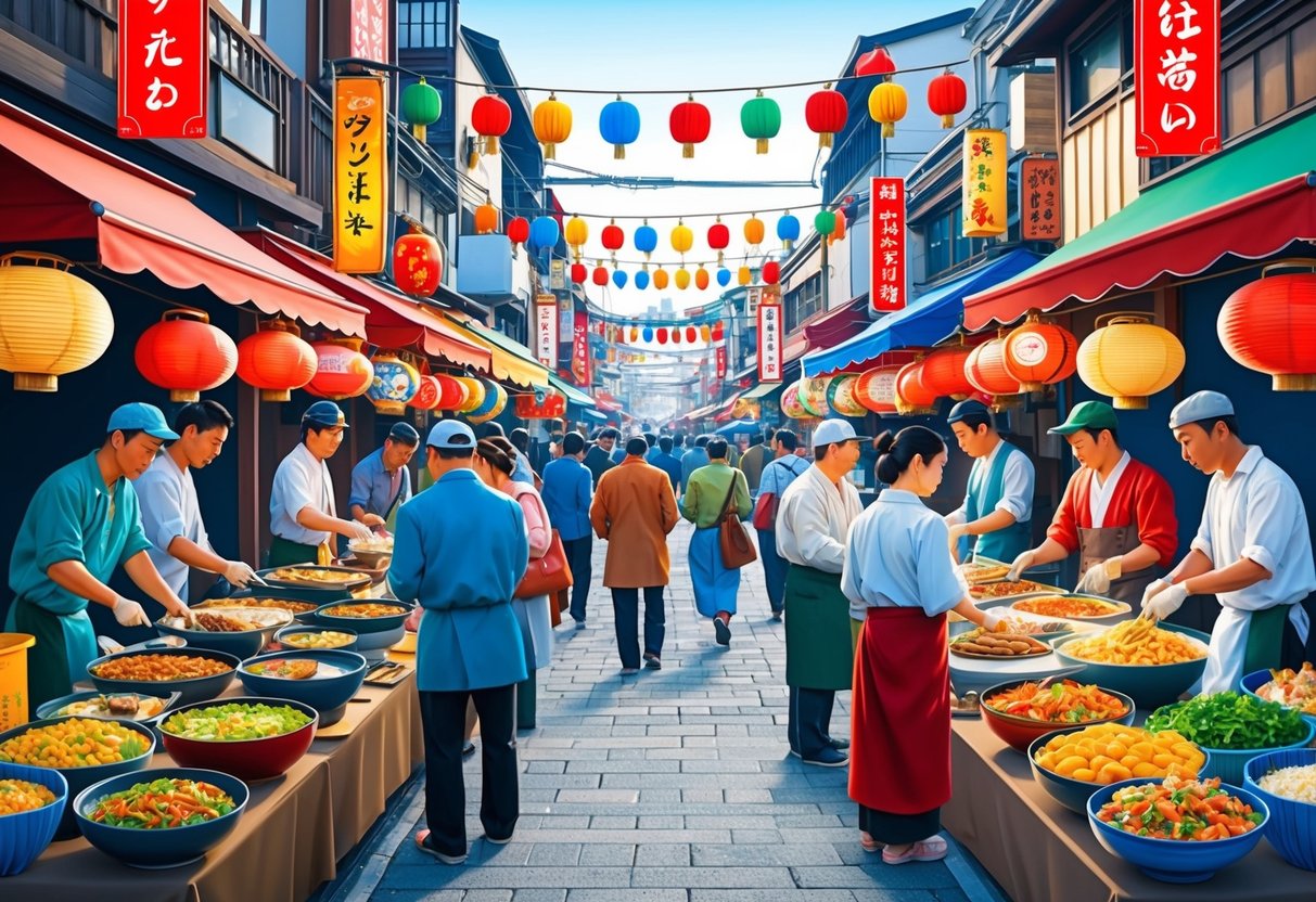 A bustling Japanese street market with vendors selling various traditional street food dishes, surrounded by colorful banners and lanterns