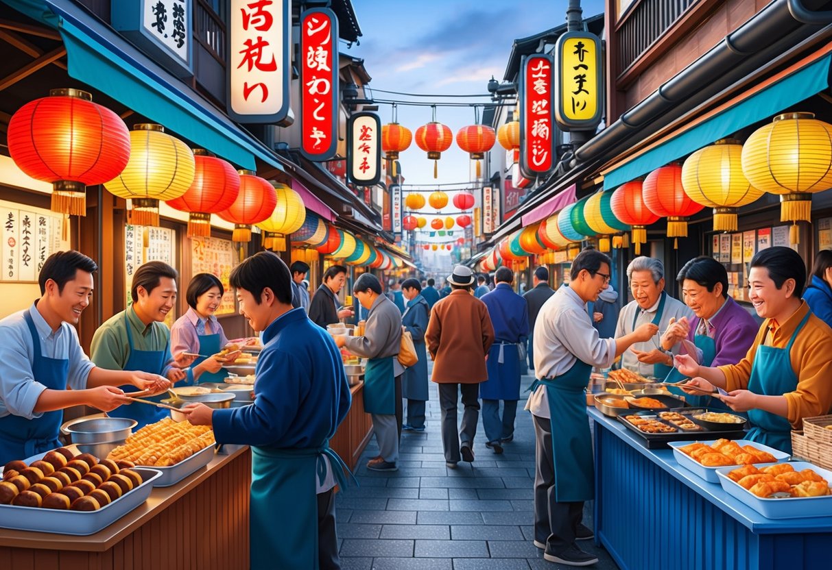 A bustling Japanese street with vendors selling takoyaki, okonomiyaki, and yakitori, surrounded by colorful lanterns and eager customers