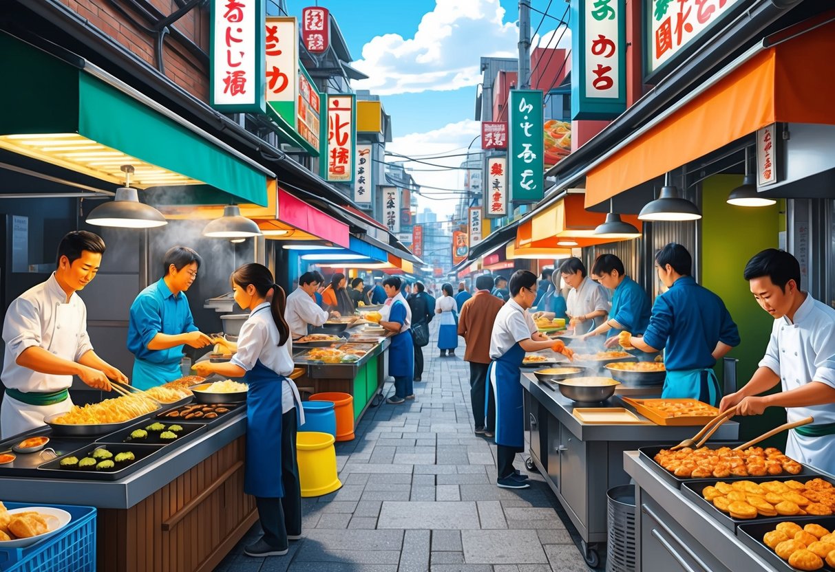 A bustling Japanese street food market with colorful stalls and vendors cooking up signature dishes like takoyaki and yakitori
