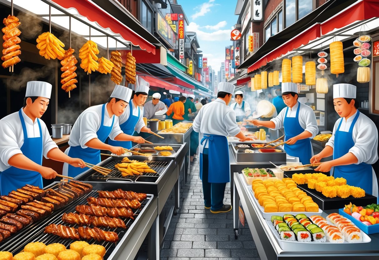 A bustling Japanese street food market, with vendors grilling yakitori, frying tempura, and assembling colorful sushi rolls. The air is filled with the aroma of sizzling meats and savory sauces