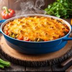 A bubbling casserole dish sits on a rustic wooden table, surrounded by steaming vegetables and a warm, inviting atmosphere