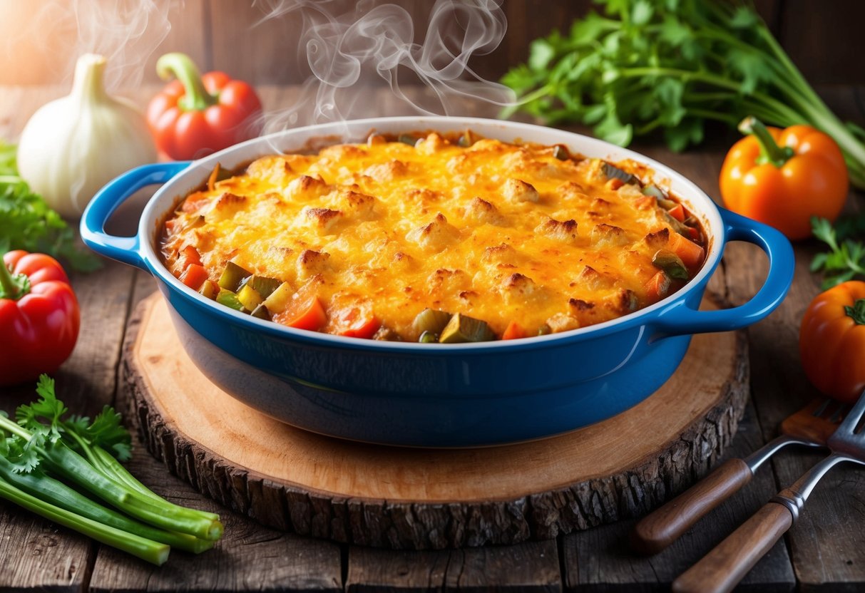 Feature image A bubbling casserole dish sits on a rustic wooden table, surrounded by steaming vegetables and a warm, inviting atmosphere