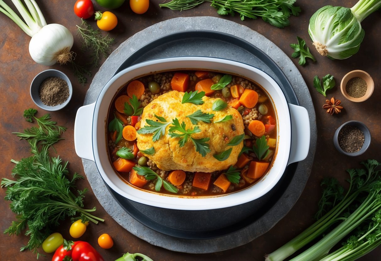 A steaming casserole dish surrounded by fresh vegetables, herbs, and spices on a rustic kitchen table