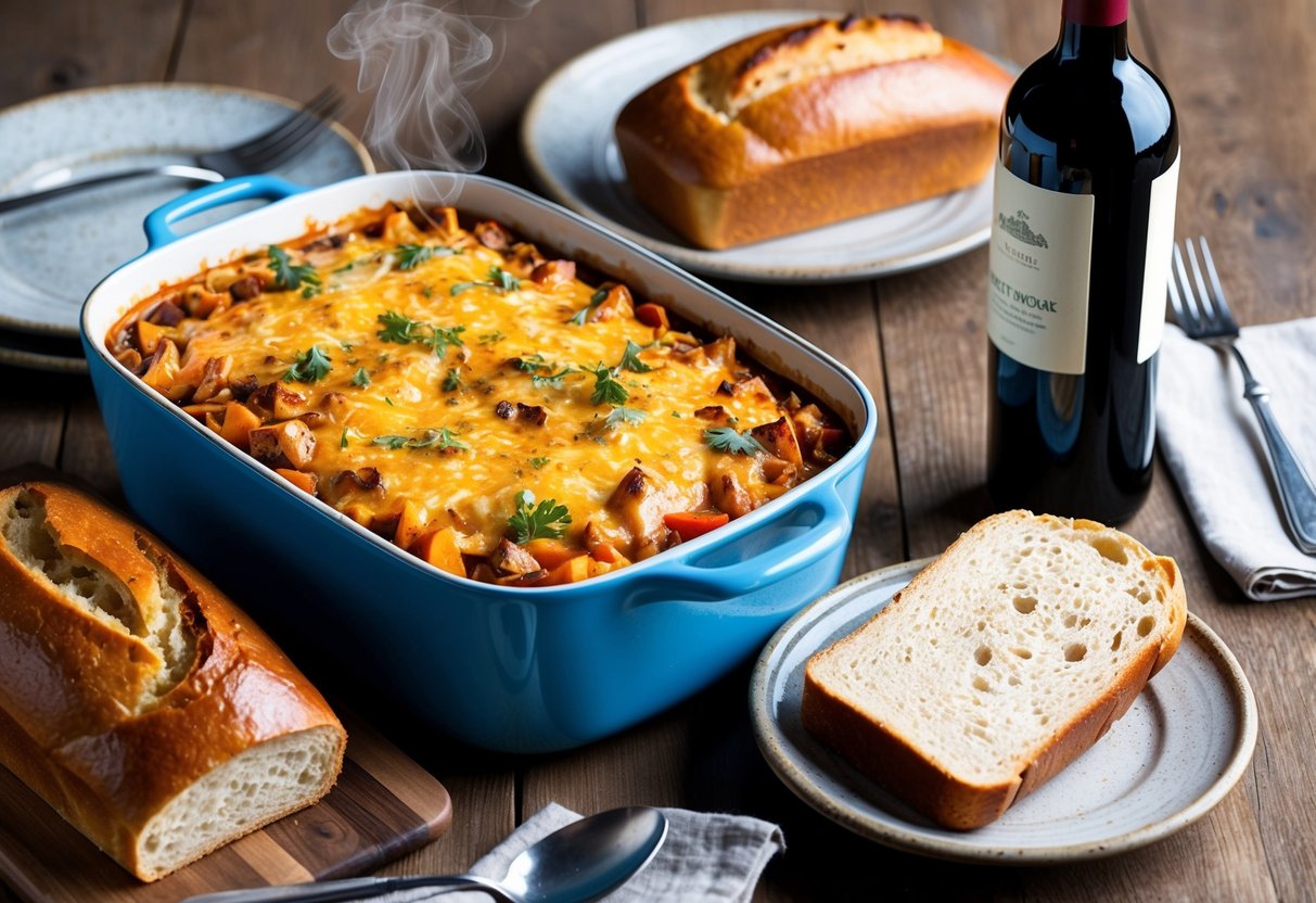 A steaming casserole dish surrounded by rustic dinnerware, with a loaf of freshly baked bread and a bottle of red wine nearby